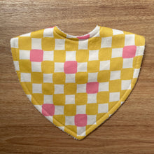 Load image into Gallery viewer, Check Mate -  Yellow with Pink Speck Triangle Bib