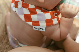 Check Mate - Cherry Red with Lilac Speck Triangle Bib